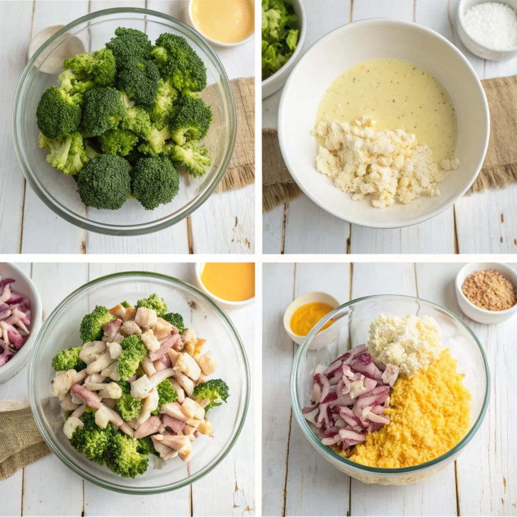 Step-by-step preparation process for Chicken Salad Chick broccoli salad, including prepping ingredients, making the dressing, mixing, and chilling the salad.