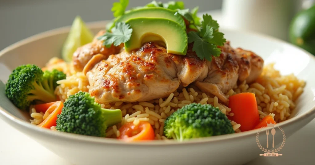 "A delicious rotisserie chicken and rice bowl topped with fresh vegetables like broccoli, carrots, bell peppers, avocado, cilantro, and a squeeze of lime."