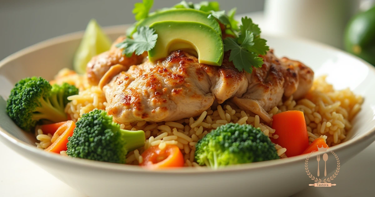 "A delicious rotisserie chicken and rice bowl topped with fresh vegetables like broccoli, carrots, bell peppers, avocado, cilantro, and a squeeze of lime."