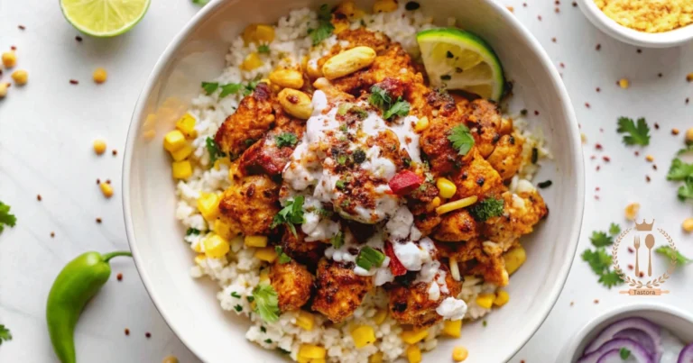 A colorful street corn chicken rice bowl topped with grilled chicken, roasted corn, black beans, avocado slices, and fresh cilantro on a wooden table.