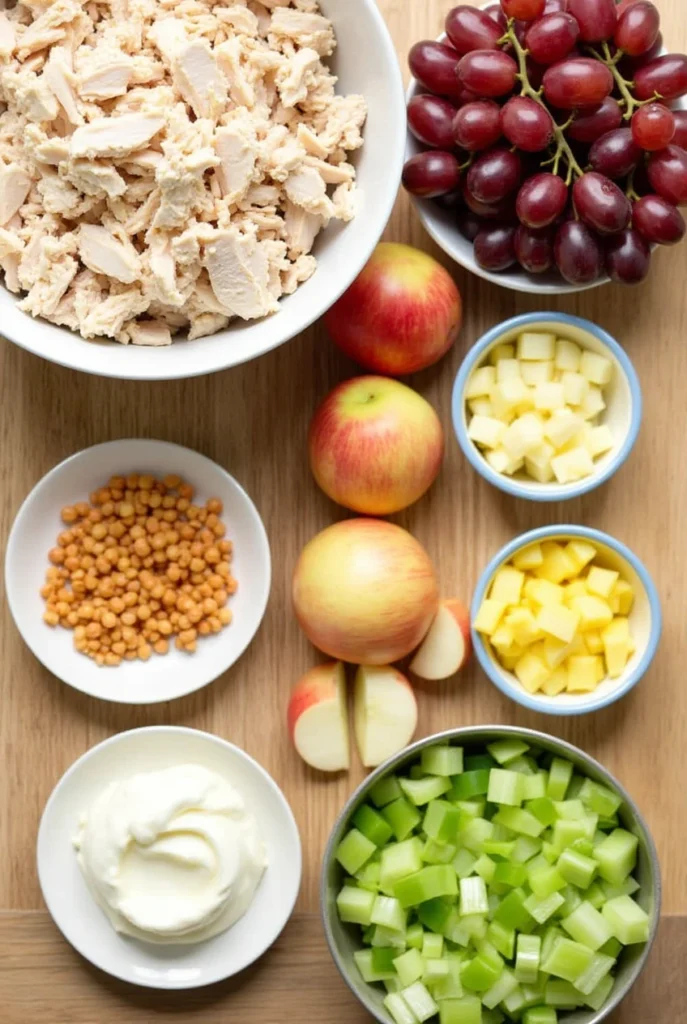 Flat lay of fresh ingredients for Chicken Salad Chick Fruity Fran including shredded chicken, grapes, apples, pineapple, celery, and mayonnaise
