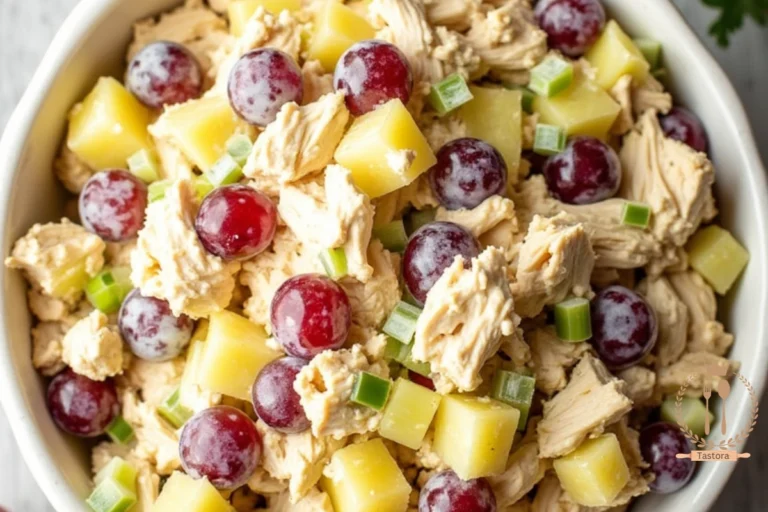A bowl of homemade Chicken Salad Chick Fruity Fran with shredded chicken, grapes, apples, and pineapple in creamy dressing on a rustic table
