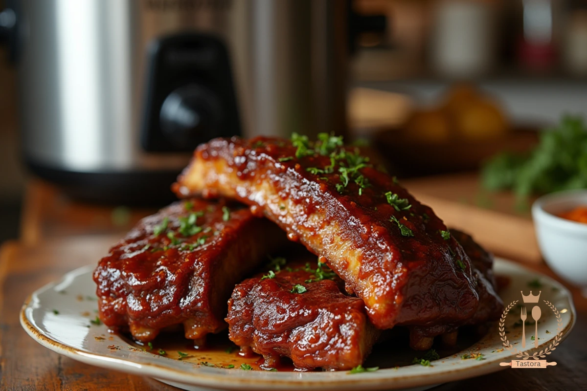 Tender slow cooker beef ribs coated in barbecue sauce, served on a rustic plate with herbs, perfect for an easy homemade dinner.