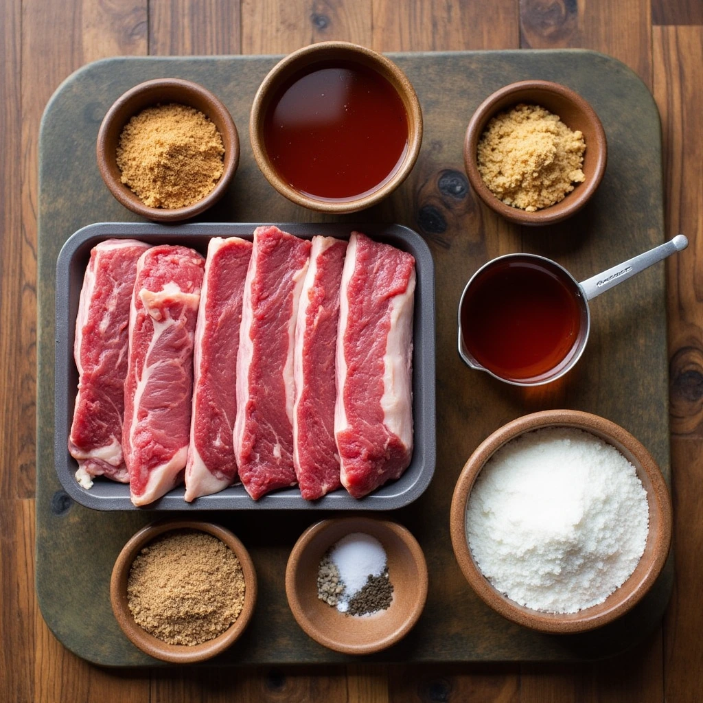 Flat lay of beef ribs, barbecue sauce, broth, brown sugar, and spices on a rustic kitchen surface, ready to make an easy slow cooker beef ribs recipe.Slow cooker beef ribs