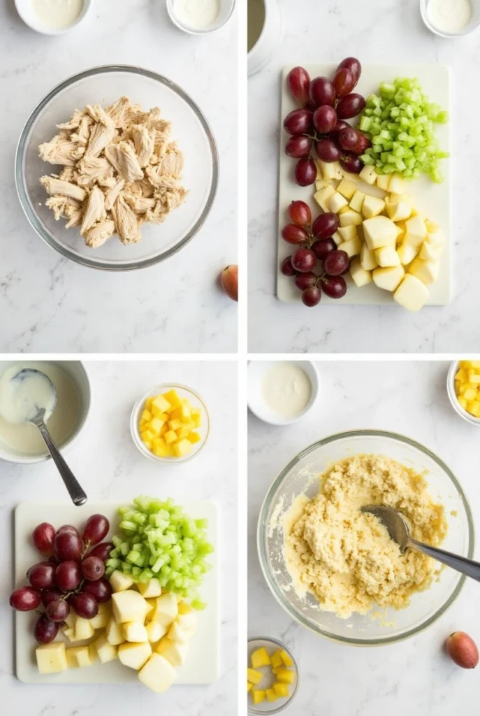 Top-down view of shredded chicken, chopped fruits, and mayonnaise being mixed to make Chicken Salad Chick Fruity Fran