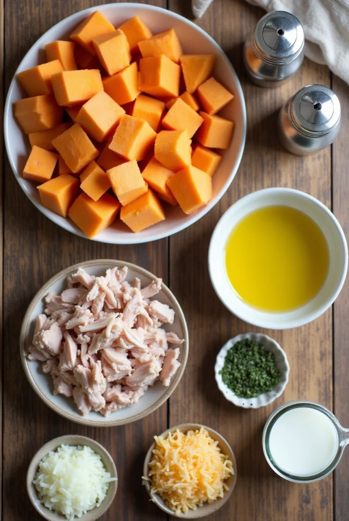Flat lay of turkey and sweet potato casserole ingredients, including sweet potatoes, shredded turkey, onion, garlic, herbs, cheese, milk, and oil.