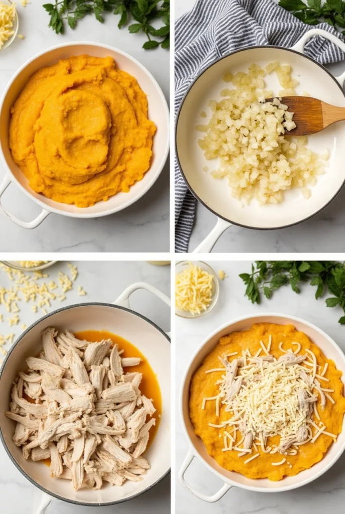 Step-by-step images showing the preparation of a turkey and sweet potato casserole: mashed sweet potatoes, sautéed onions and garlic, turkey mixture, and casserole layering.