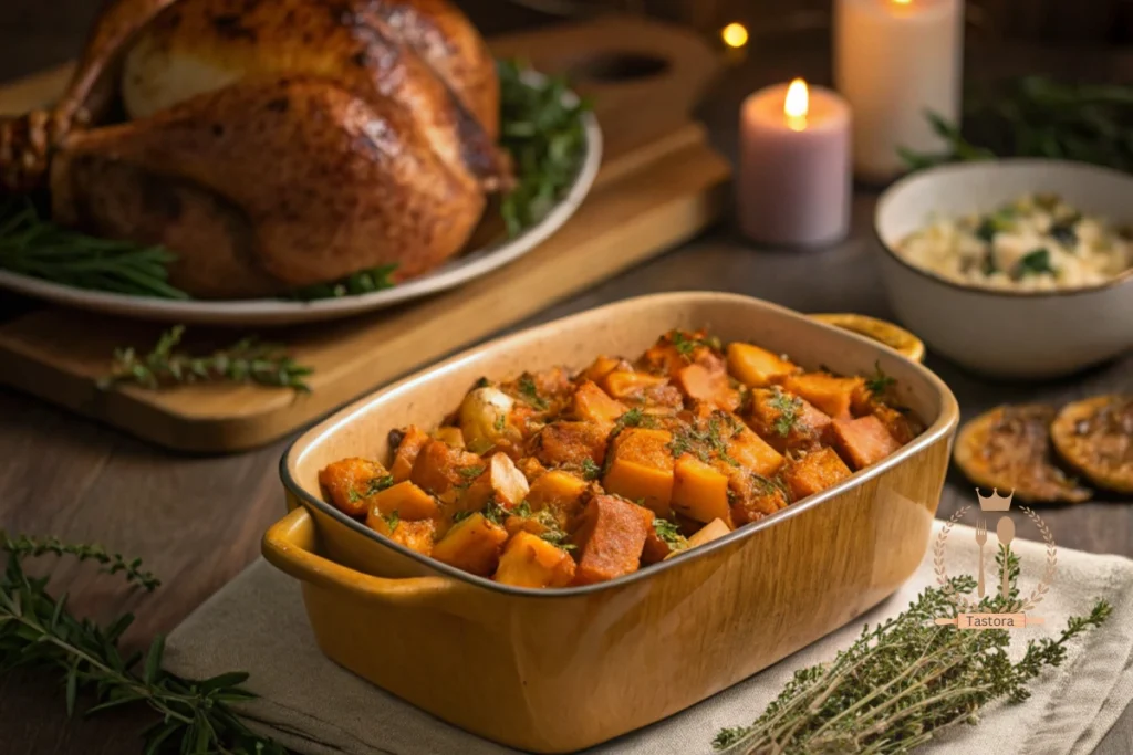 Freshly baked turkey and sweet potato casserole in a ceramic dish, topped with golden sweet potatoes and herbs on a wooden countertop.