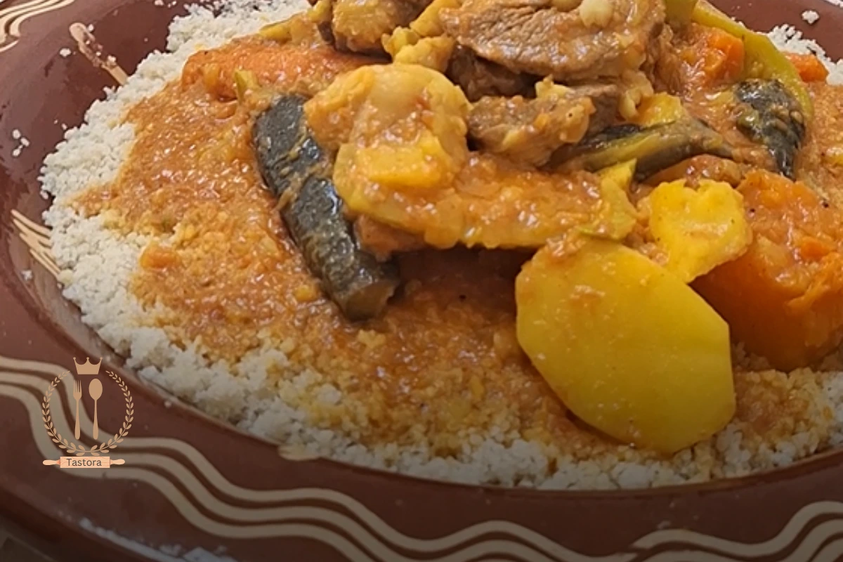 Overhead view of traditional Moroccan couscous served in a decorative tagine platter with colorful vegetables, lamb, and fresh herbs on a rustic wooden table.