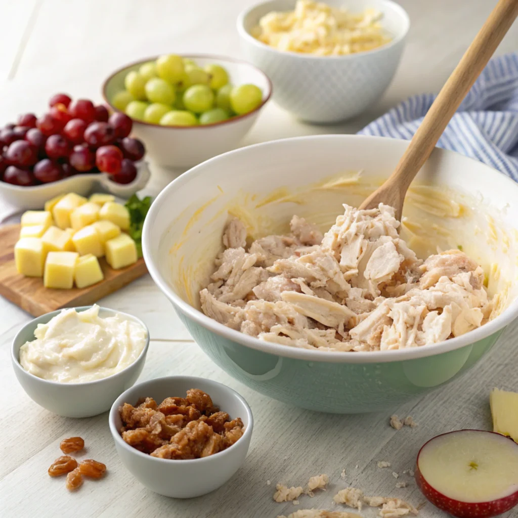 Bright, colorful Fruity Fran Chicken Salad with shredded chicken, grapes, apples, pineapple, pecans, and creamy mayo served in a white bowl on a rustic wooden table.