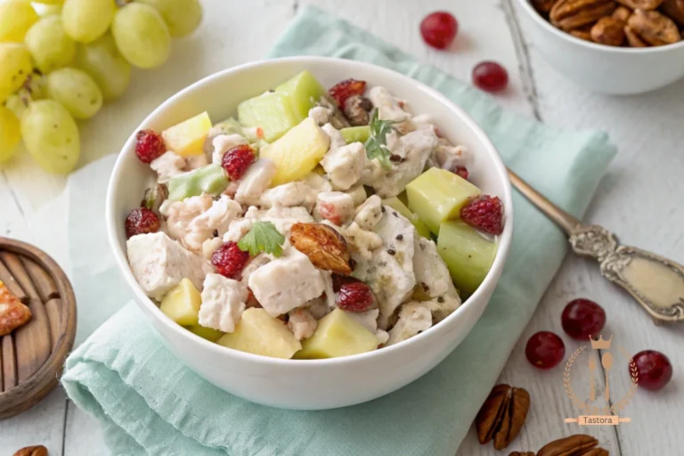 A top-down view of a Fruity Fran Chicken Salad Chick copycat recipe with shredded chicken, grapes, pineapple, apples, pecans, and creamy mayo in a white bowl.