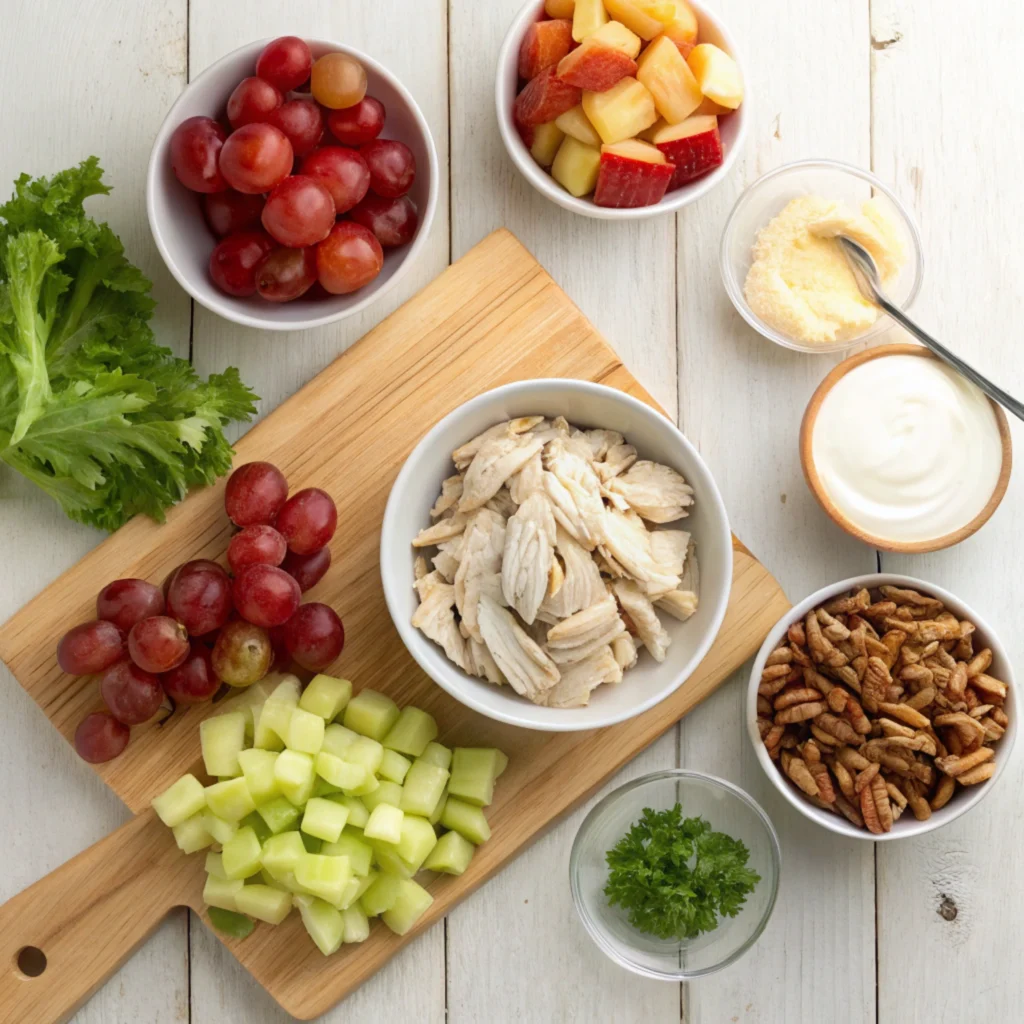 Flat lay of ingredients for Fruity Fran Chicken Salad Chick Recipe including shredded chicken, grapes, pineapple, apples, pecans, and mayonnaise on a wooden table.