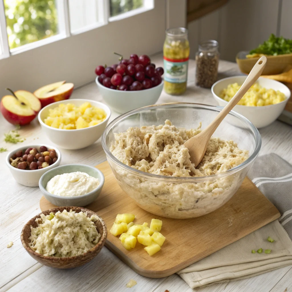 Mixing shredded chicken with grapes, apples, pineapple, pecans, and mayonnaise in a large bowl on a kitchen counter with fresh ingredients nearby.
Fruity Fran Chicken Salad Chick Recipe