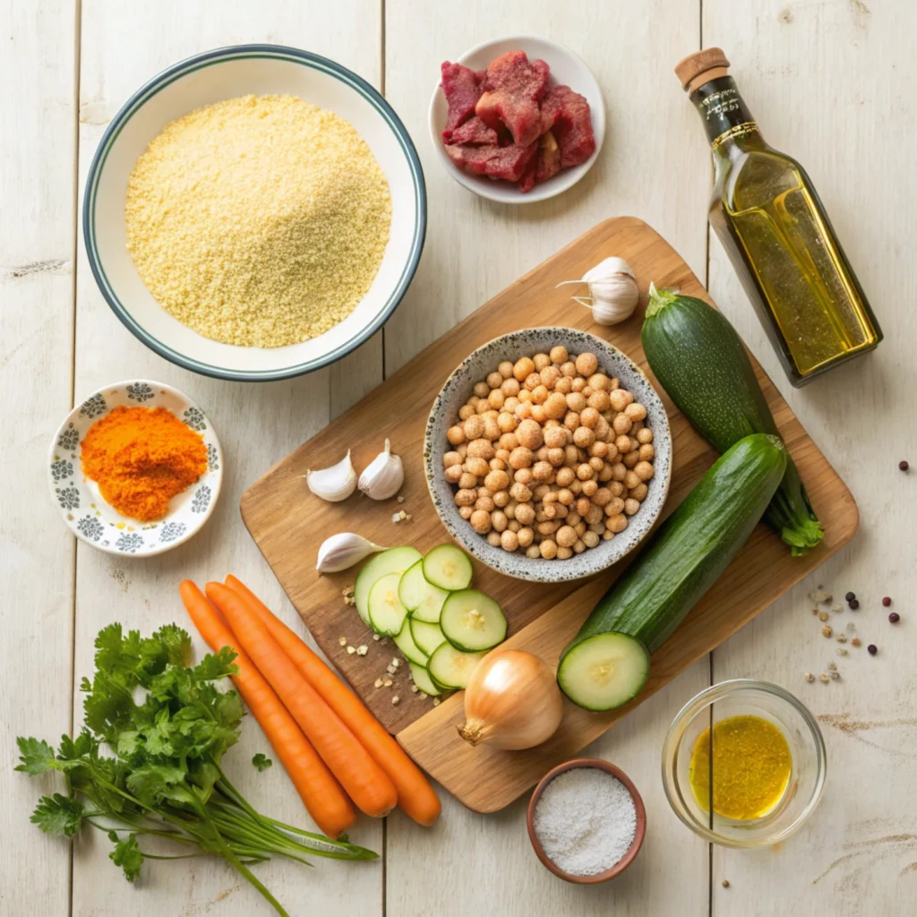 Flat-lay image showing raw ingredients for authentic Moroccan couscous, including semolina couscous, lamb, carrots, zucchini, chickpeas, spices, and olive oil.